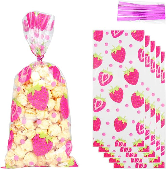 iNINGER 50 Pcs Strawberry Cellophane Treat Bags With Twist Ties, Sweets Gift for Girls Children Party Favors, Small Sweet Bag for Candy, Goodie for Baby Shower Birthday Halloween Decoration