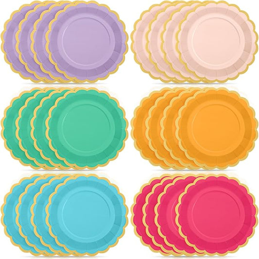 48 Pcs Candy Color Paper Plates 9 Inch Light Colorful Rainbow Scalloped Paper Disposable Dinner Dessert Plates for Birthday Wedding Bridal Party Supplies, 6 Colors