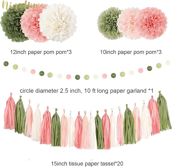Wedding Party Decorations, 27 PCS Pink Sage Green Tissue Paper Pom Poms, Circle Dots Garland Paper Tassels Hanging Decor for Baby Shower Bridal Shower Engagement Birthday Party Supplies