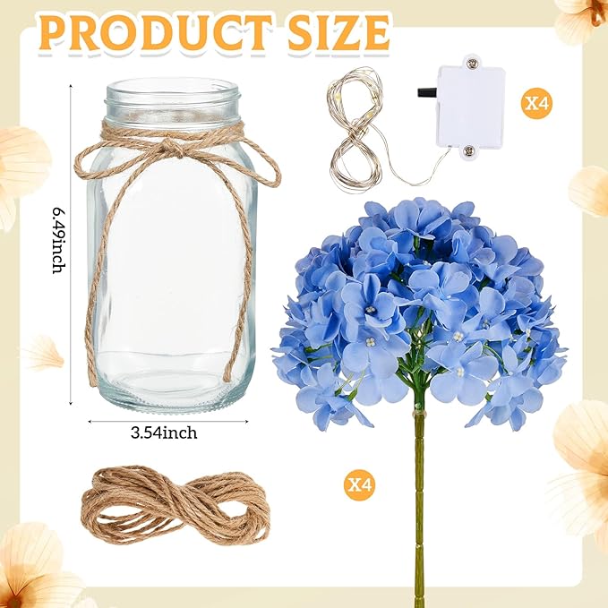 4 Sets Mason Jar Centerpiece with LED Lights and Blue Hydrangea Fake Flowers Vase for Wedding Bridal Shower Party Coffee Table Decor