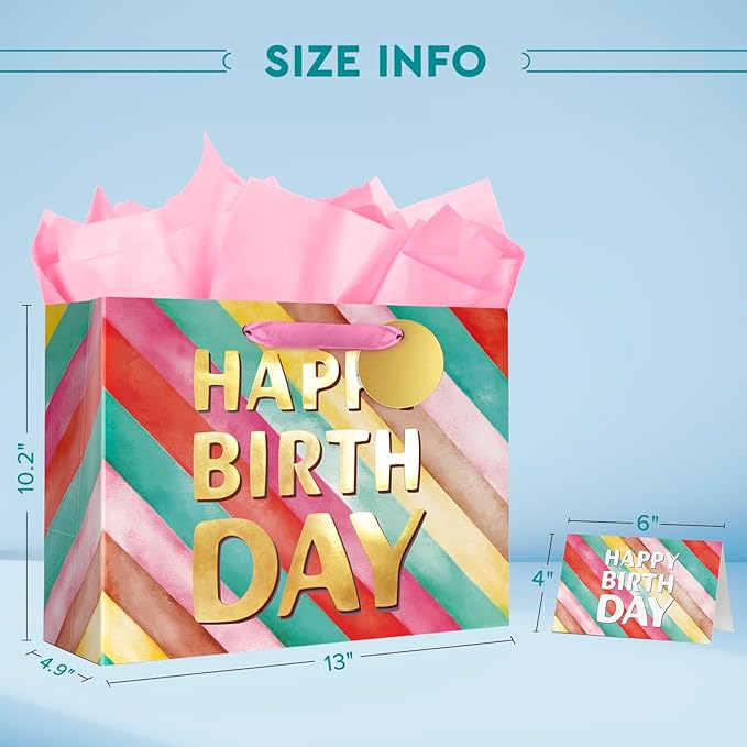 BGTCARDS Birthday Gift Bag with Tissue Paper and Card, Happy Birthday Gift Bags for Party, Reusable Gift Bag for Presents with Handles - 13”x 10”x 5”, 1PCS