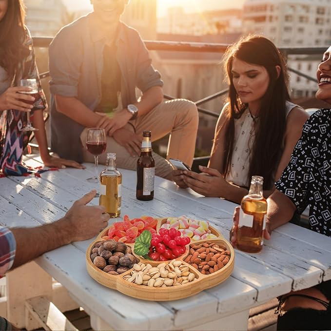 Cididu 12'' Lazy Susan Serving Tray, Bamboo Food Tray, Appetizer Divided Serving Platter Dishes, 360° Rotating Relish Party Tray, 6 Compartments Bamboo Tray for Snack Nut Fruit Veggie Chip and Dip