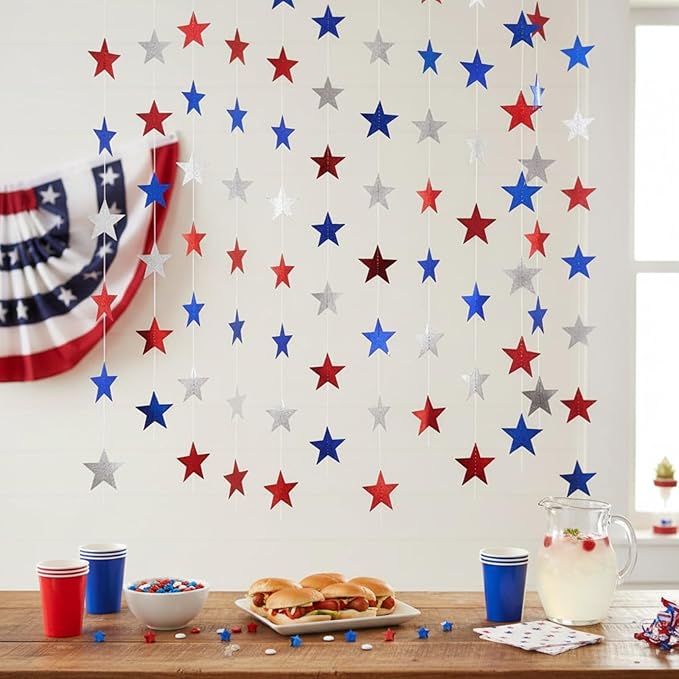 Patelai 130ft Glitter Star Garland, Red Silver Blue Patriotic Streamers Bunting Banner for 4th of July Independence Day Decorations, Memorial Veterans Day, 2026 Graduation Party Supplies