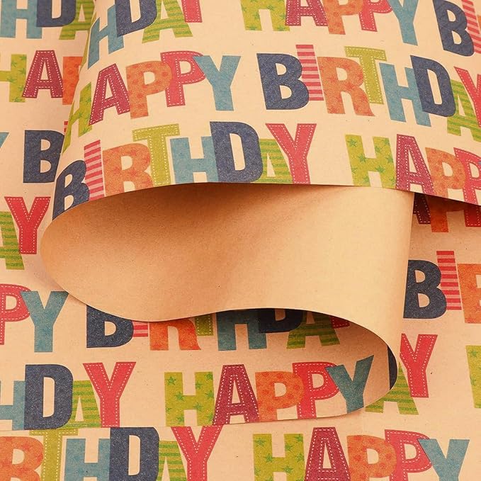 Birthday Wrapping Paper,Gift Wrapping Paper Roll,Kraft Wrapping Paper-17 inch X 32.8 Feet Per roll,Colorful Text Happy Birthday Design Perfect For Boys Girls Birthdays Holiday Wrap, Party, Baby Shower