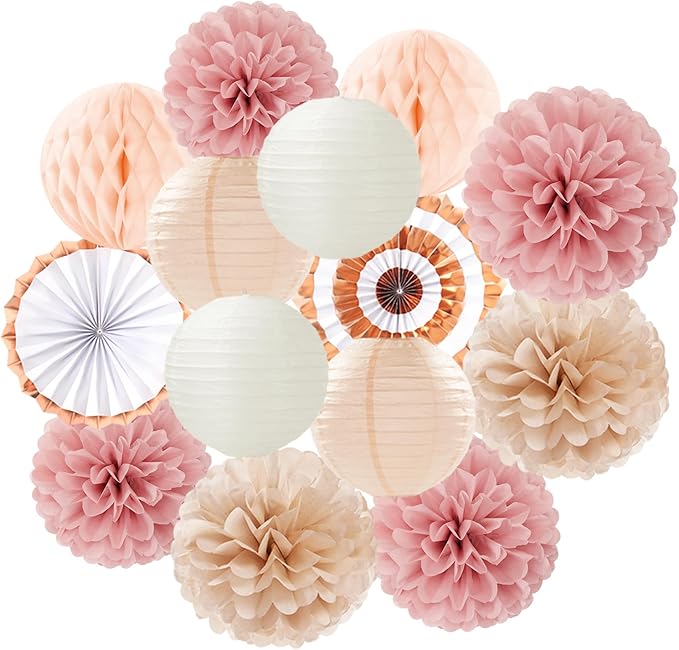 Pink Champagne-Beige Rose-Gold Boho Party-Decorations - 14Pcs Women Girls Birthday Streamers Lanterns Honeycomb Fan,Tissue Pom Poms,Fall Baby Bridal Shower Wedding Backdrop Classroom Decor Ouruola
