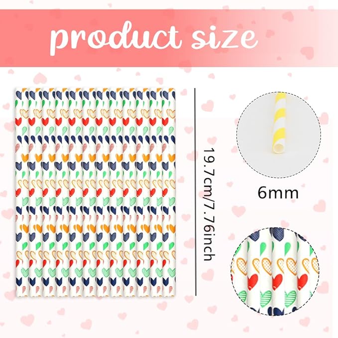 100 Pcs Colorful Hearts Printed Biodegradable Paper Straws, Eco-Friendly Valentines Drinking Straws for Valentine's Day Party,Birthday Party Supplies, Wedding Decorations