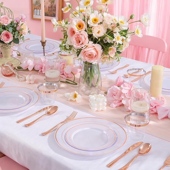 WELLIFE 600 PCS Rose Gold Disposable Dinnerware Set for 100 Guests, Valentine's Day Plate, 100 Each-Dinner & Salad Plates, Cups, Forks Knives Spoons for Wedding Reception and Mothers Day Plates