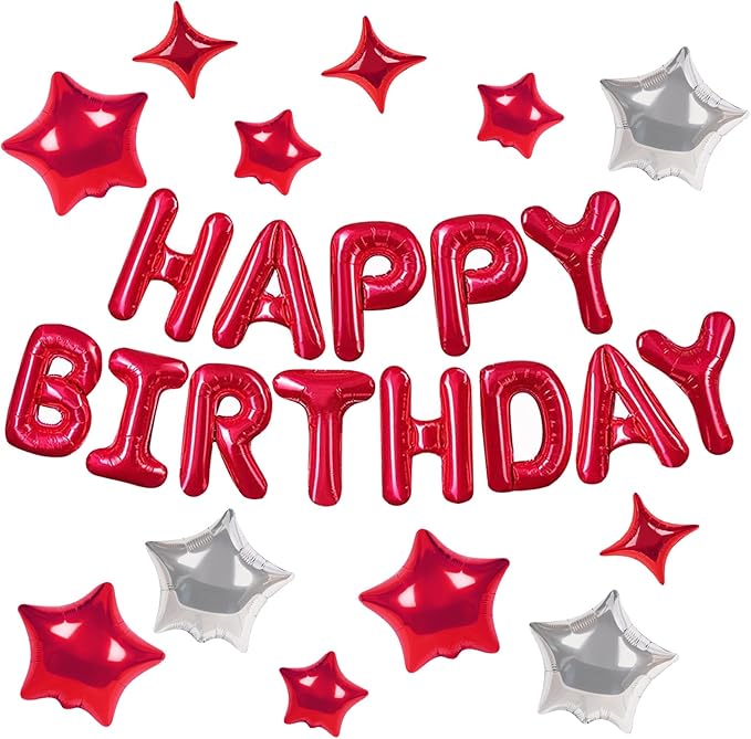 CANREVEL Happy Birthday Banner 13pcs 16 Inch Mylar Foil Letters with 12pcs Star Balloons Birthday Party Decorations for Kids and Adults - 3D Red