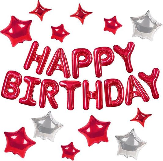 CANREVEL Happy Birthday Banner 13pcs 16 Inch Mylar Foil Letters with 12pcs Star Balloons Birthday Party Decorations for Kids and Adults - 3D Red