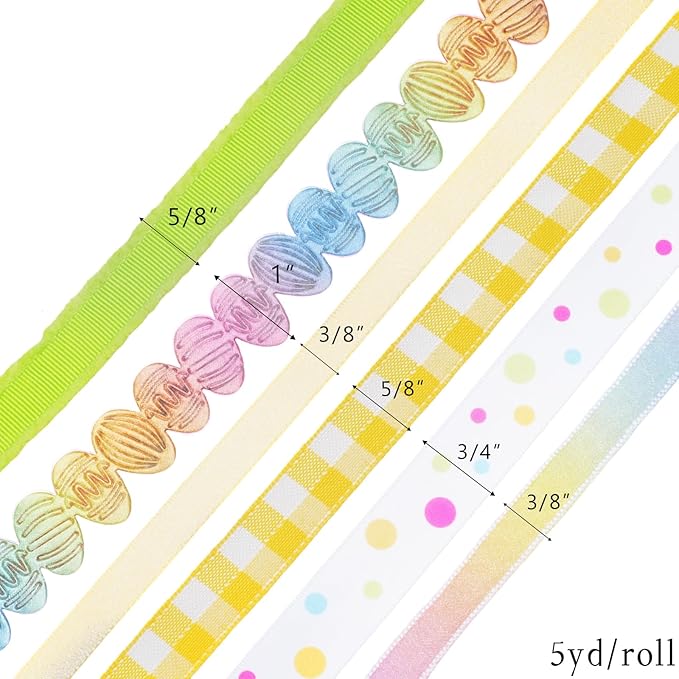 LaRibbons Easter Ribbons for Crafts, 6 Rolls Spring Decorative Ribbons,5 Yards Each, Pastel & Easter Egg Designs for Gift Wrapping, Wreaths & DIY Crafts
