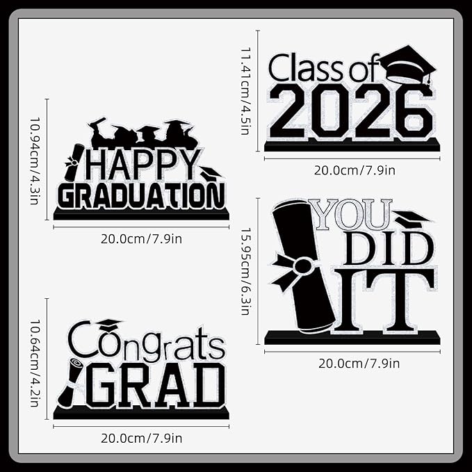 4Pcs Black and Silver Graduation Decorations 2026 Wooden Table Centerpieces Class of 2026 Table Toppers Congrats Grad Tiered Tray Decor for 2026 Graduation Table Decorations
