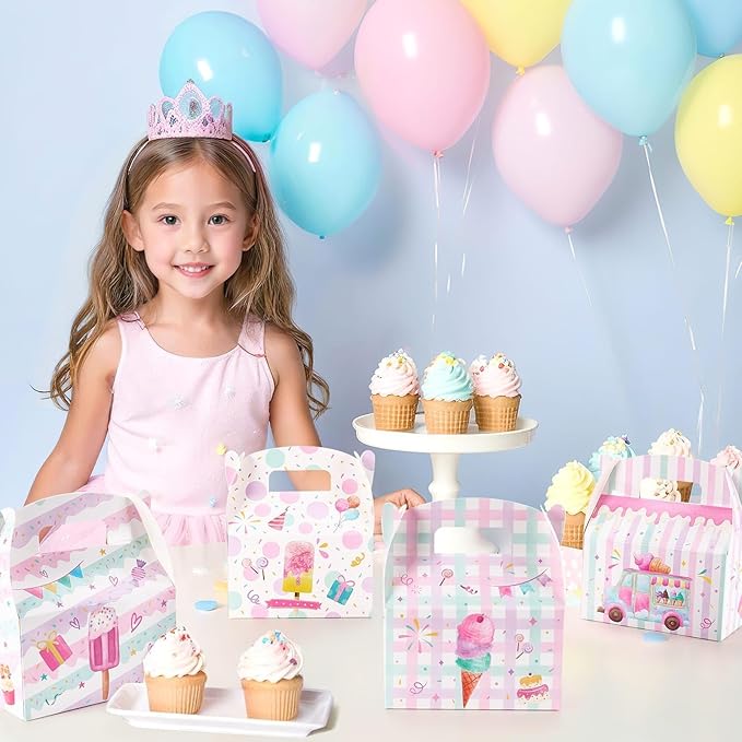 WERNNSAI 12 Pack Ice Cream Party Boxes - Ice Cream Birthday Decorations Summer Party Favor Boxes for Girls Kids Pink Purple Popsicle Candy Gift Box for Birthday Holiday Decoration