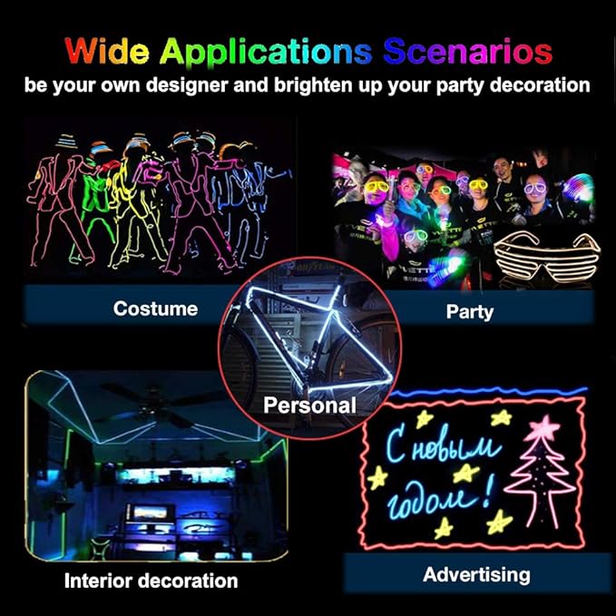 MaxLax EL Wire10 Pack, 16.4ft Neon Light Wire Noise Reduction with Battery Pack(10 Color)… (16.4ft)…
