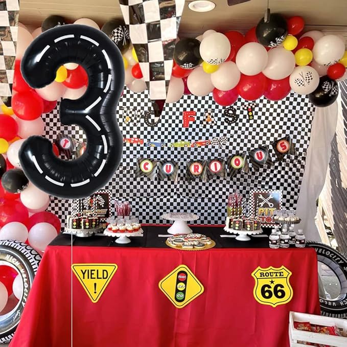 TONIFUL Race Car Black Balloons Car Birthday Party Supplies,40 Inch Giant Jumbo Helium Foil Mylar Big Number 3 Digital 3 Balloons for Boy's Birthday Party Truck Race Car Theme Party Decorations