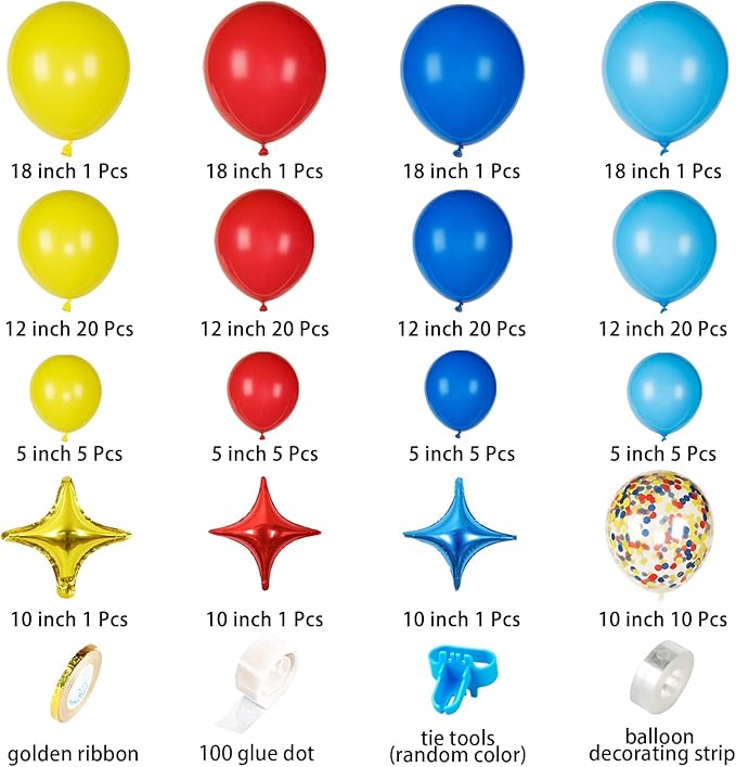 JOYYPOP Carnival Balloon Arch Kit with 123pcs Red Blue Yellow Rainbow Latex Confetti Balloons for Birthday Party Decorations