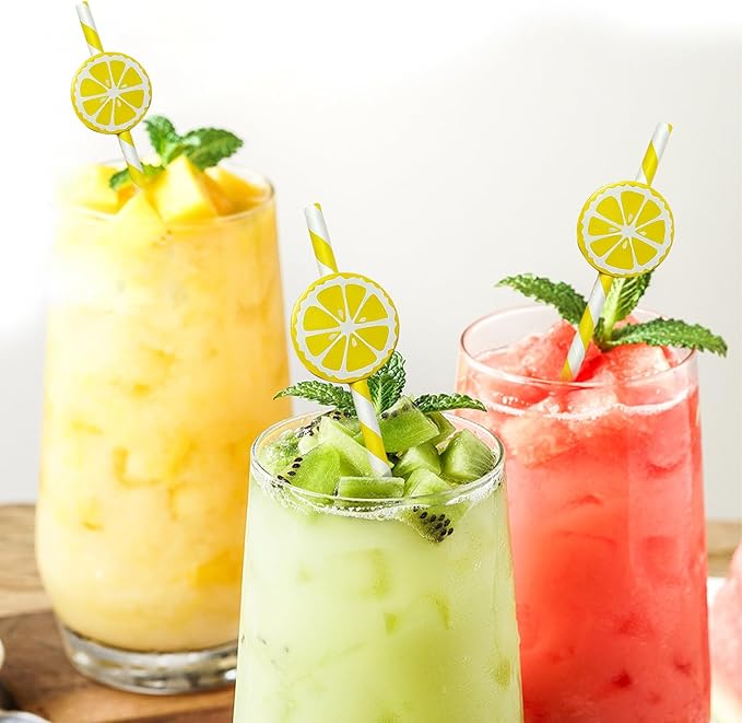 60 Pcs Lemon Paper Straws, Yellow Striped Drinking Straws for Lemonade Stand Party Supplies Disposable Lemon Straw for Cocktails, Juice, Shakes, Summer Fruit Theme Birthday Decorations