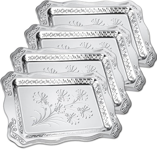 4 Pack 16.3" x 11.4" Large Silver Serving Trays for Dessert Table Stainless Steel Silver Platters Floral Engraved Mirror Serving Platters for Wedding, Cookies, Desserts, Party Food Display