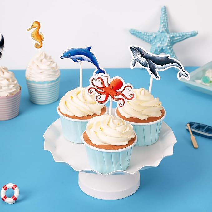 WERNNSAI 32 PCS Ocean Cupcake Toppers - Shark Birthday Party Decorations Under The Sea Cake Toppers Summer Dolphin Ocean Animal Cake Decors for Kids Ocean Baby Shower Party Supplies