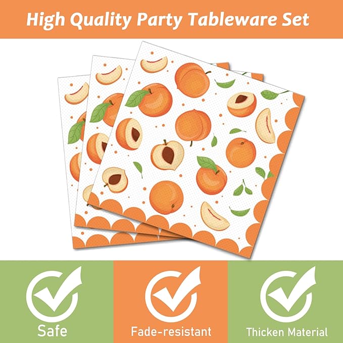 chiazllta 96 Pcs Peaches Party Decorations Peach Fruit Paper Plate and Napkins Fruit Theme Birthday Disposable Tableware Sweet as a Peach Party Supplies Party Favors for 24 Guests