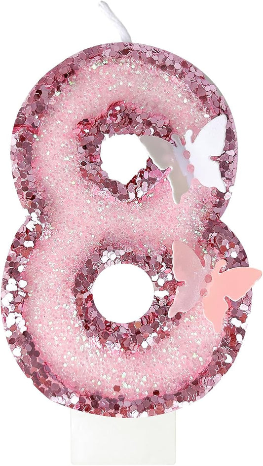8th Birthday Candles，Glitter Butterfly Cake Toppers Pink Sequins Wedding Numeral Cupcake Decorations，Suitable for Girl and boy Wedding Cakes, Party Celebrations, Birthday Decorations