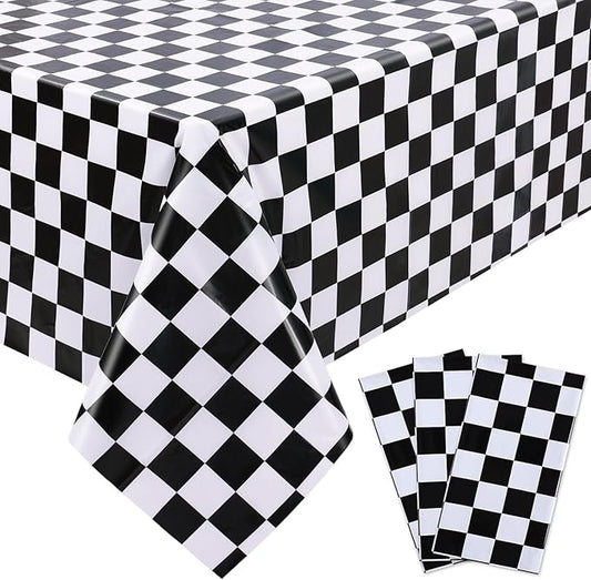 Kesfey 3 Packs Black and White Checkered Tablecloths 54 x 108 Inches Disposable Plastic Checkered Flag Racing Table Cover Waterproof Rectangle Race Car Table Cloth for Picnic Party Retro Celebration