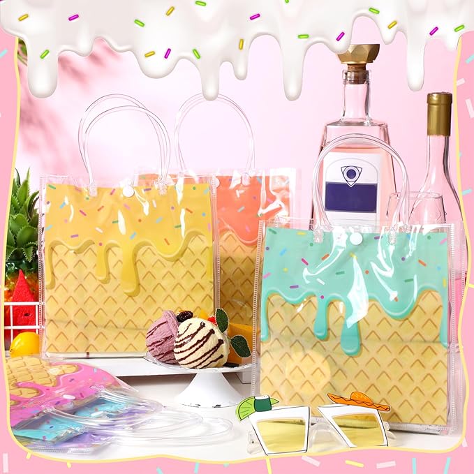Aliceset 24 Pcs Gift Bags with Handle Clear PVC Candy Treat Goodies Tote Bags for Summer Birthday Party Favor Supplies