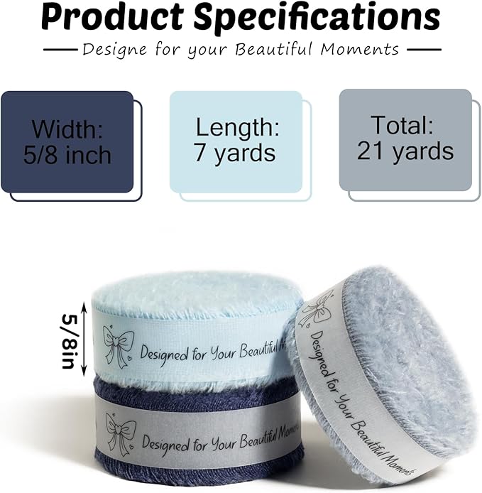 Dark Blue Cotton Ribbon 5/8 Inch Navy Blue, Dusty Blue & Baby Blue 3 Rolls 21 Yards Frayed Edge Fabric Set for Formal Wedding Decor, Graduation Party, Father's Day, Gift Wrapping & DIY Crafts