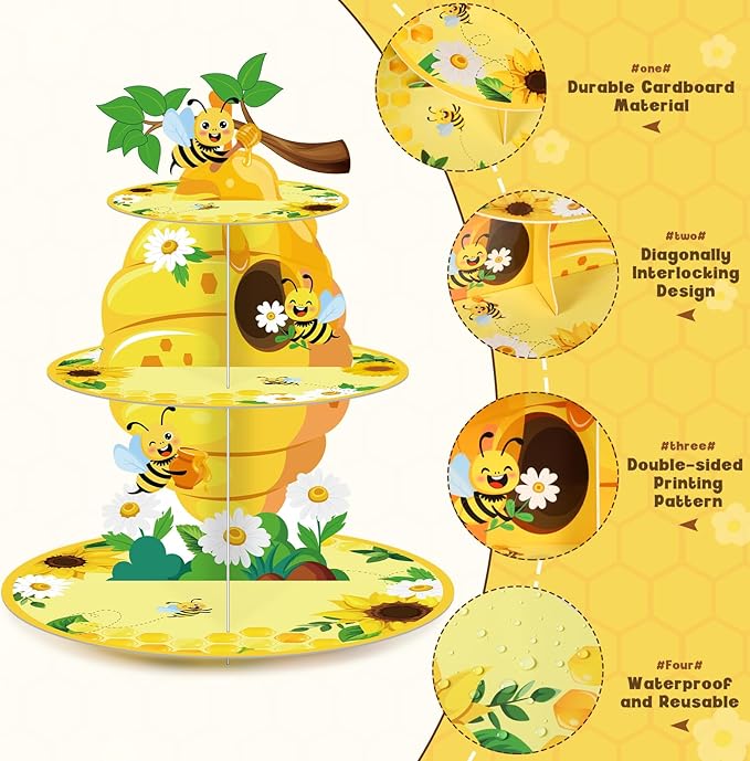 Zopeal 3 Tier Bee Cupcake Stand Party Decorations Sunflower Cupcake Holder Bee Day Themed Cake Holder Stand Yellow Round Summer Dessert Tower for Kids Birthday Baby Shower Party Supplies