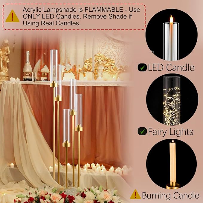 Tall 5 Arm Candle Holder for Wedding Table,39.4'' Tall Candelabra with Acrylic Lampshade for Birthday Party Home Decoration Halloween Christmas Day Fit LED Taper Candles