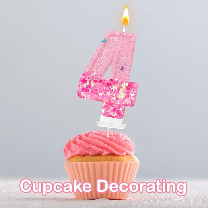 Pink Sequin Birthday Candles, Cake Number Candles, Girls 0th Birthday Decorations, Suitable for Birthday Parties, Anniversary Party Decorations(4)