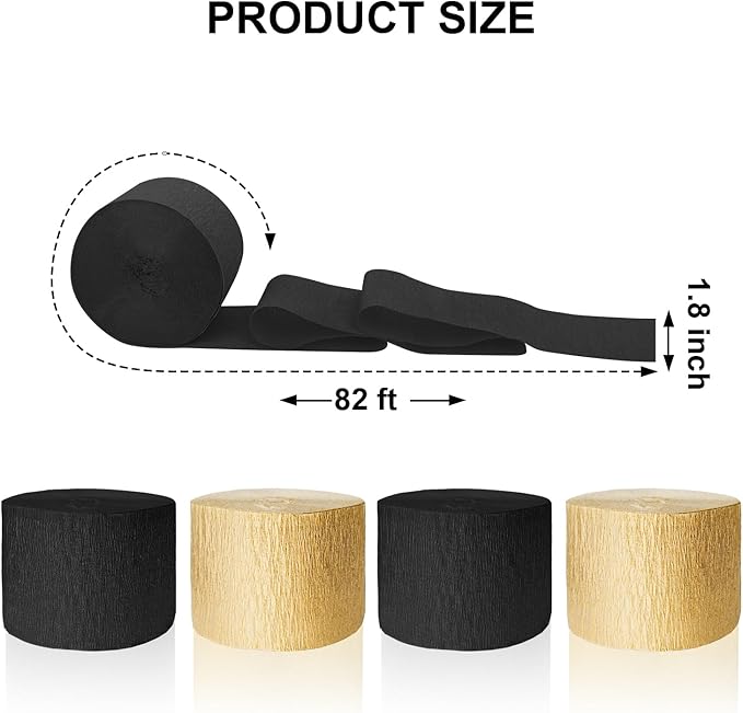 4 Crepe Paper Streamers Rolls, 328ft Pack of Black and Gold Crepe Paper for Birthday, Graduation, New Years, Wedding, Engagement Party Decorations (1.8 inch x 82 ft/Roll)