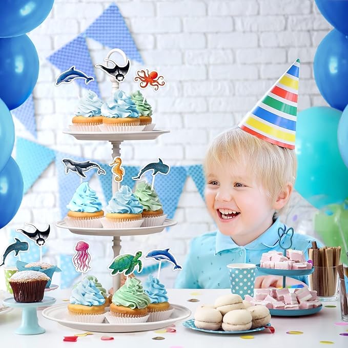 WERNNSAI 32 PCS Ocean Cupcake Toppers - Shark Birthday Party Decorations Under The Sea Cake Toppers Summer Dolphin Ocean Animal Cake Decors for Kids Ocean Baby Shower Party Supplies