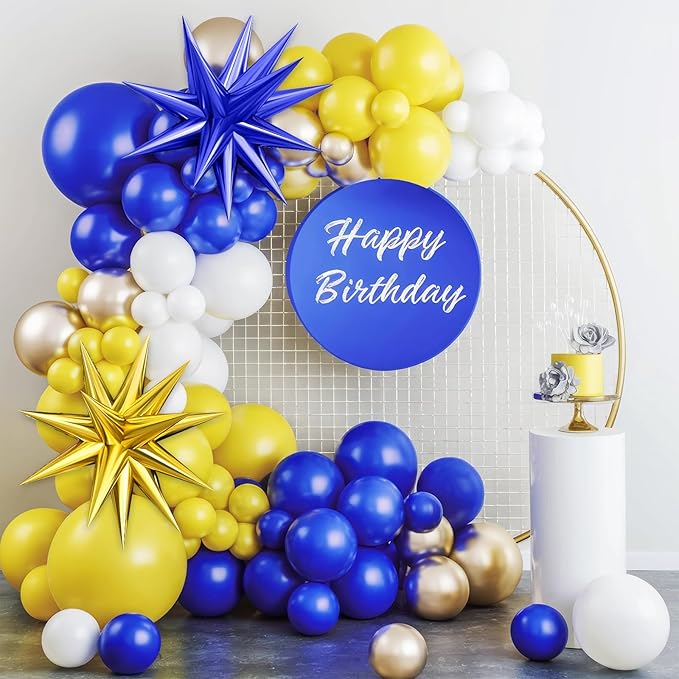 Blue Yellow Balloon Arch Kit, Royal Blue and Yellow White Balloons Garland Kit with 4D Foil Star Balloons, for Graduation 2026 Baby Shower Anniversary Birthday Wedding Party Decoration
