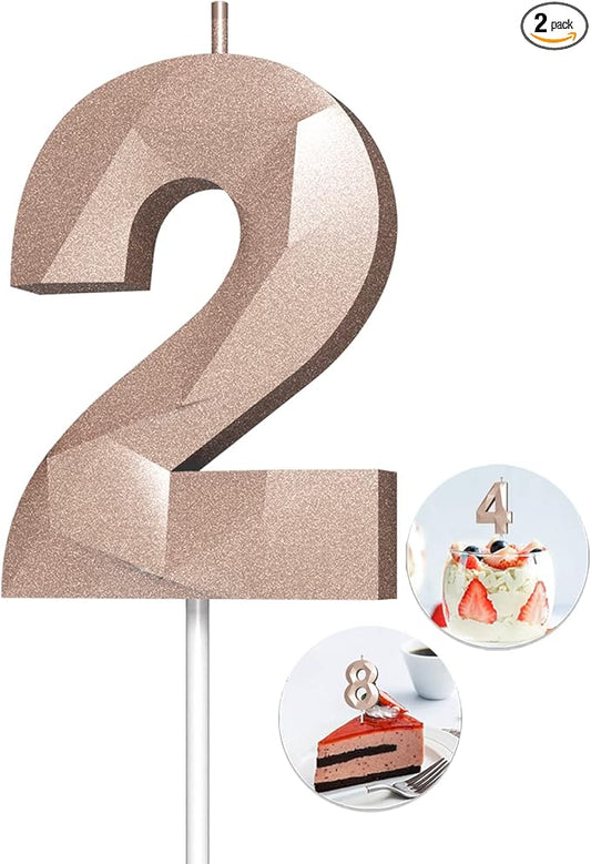 Number Birthday Candles(2 Candle Rose Gold) 3D Diamond Shape Number Happy Birthday Cake Candles for Birthday Party Wedding Decoration Reunions Theme Party