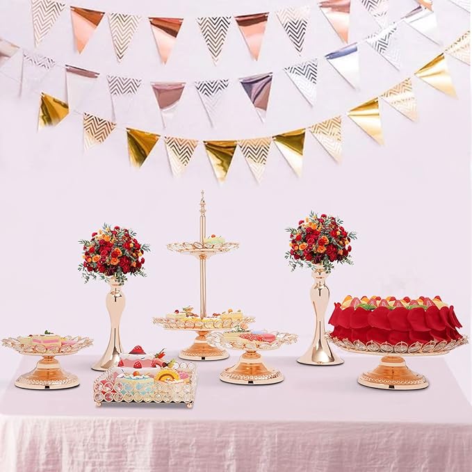 7 Pieces Cake Stand Set, Gold Metal Cupcake Holder, Dessert Display Serving Platter, for Birthday Wedding Party Decoration