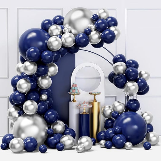 Blue and Silver Balloons Arch Garland Kit, 134pcs Navy Blue and Silver Balloons with Different Size for Birthday Party Baby Shower Graduation Class of 2026 Prom Decorations