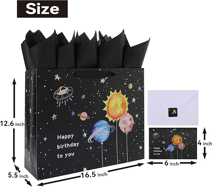 Qirrmiy 16.5” Extra Large Space Birthday Gift Bag Set with Handles, Greeting Card, Black Tissue Papers and Stickers for Boys Teens for Baby, Kids‘ Birthday Party, Newborn, 1 Pcs
