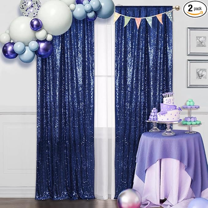 SquarePie 2 PCS 2x8ft Navy Blue Sequin Backdrop Curtains, Satin-Backed Shimmering Photo Booth Background, 2 Panels Narrow Real Sequin Drapes with 4" Rod Pocket for Party, Baby Shower, Doorway Decor