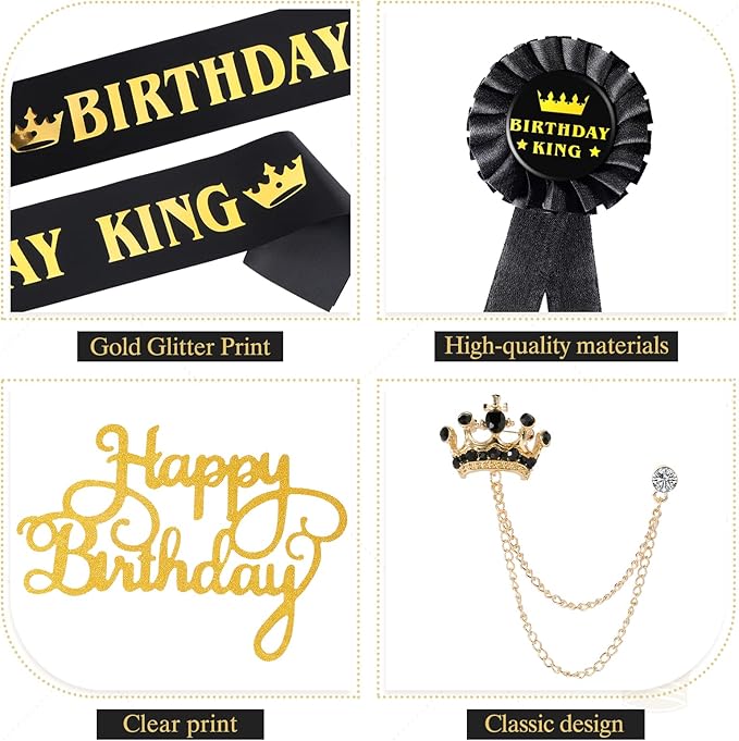 Junkin 5 Pieces Birthday Man Accessories Include King Crown King Sash Tinplate Badge Pin Brooch Hanging Chain Crown for Man Birthday Party(Adjustable Style,Small)