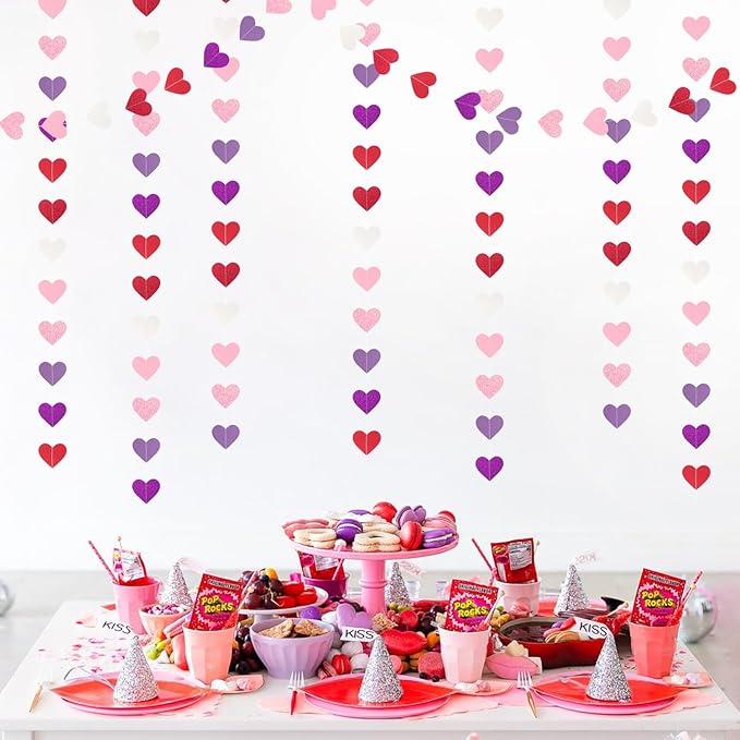 Hot-Pink Purple-Red Valentines Party-Decorations Heart-Garland - 62ft Women Girl Streamers Banner,Mothers Day Birthday Bachelorette Engagement Bridal Baby Shower Backdrop Decor Supplies Burgleda