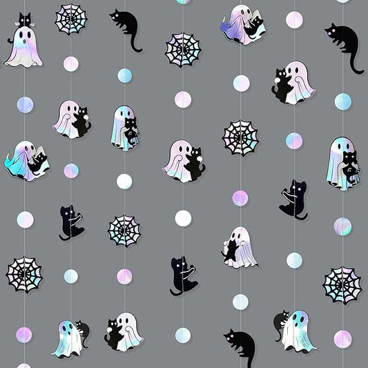 Iridescent Black Halloween Decorations Holographic Ghost Black Cat Spider Web Polka Dot Paper Hanging Garland Streamer Banner for Halloween Birthday Baby Shower Bachelorette Wedding Party Supplies