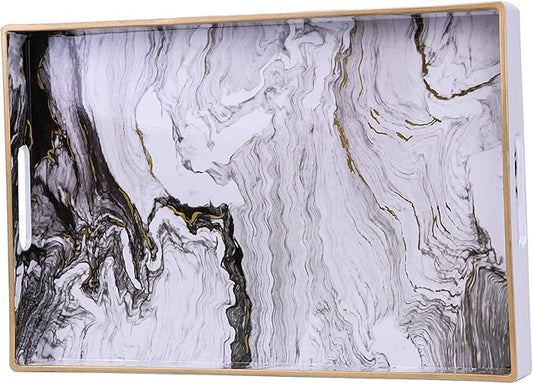 Decorative Tray, Marbling Plastic Tray with Handles, Rectangular Vanity Tray and Serving Tray for Bathroom, Kitchen, Ottoman and Coffee Table, 15.6” x 10.2”, White
