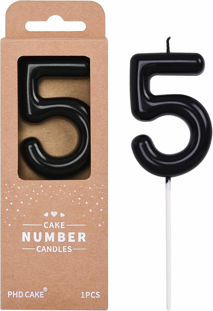 PHD CAKE 2.76 inch Classical Black 5 Number Birthday Candles, Black Number Candles, Cake Number Candles, Party Celebration