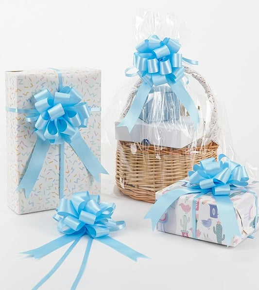 HUIHUANG Blue Bows for Gift Wrapping 12 PCS Baby Blue Pull Bows 4 inch Satin Gift Bow for Presents, Gift Basket, Paper Bag, Baby Shower Favors, Wrapping Accessories, Wedding Holiday Decor