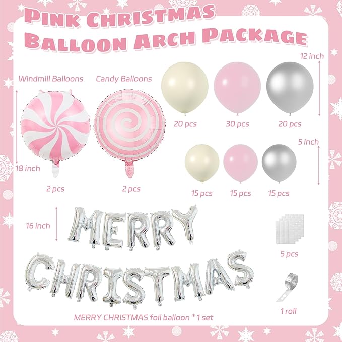 Christmas Balloon Garland Arch Kit 115pcs Pink Silver White Balloon Garland with Candy Windmill Merry Christmas Balloons for Xmas Party Decorations