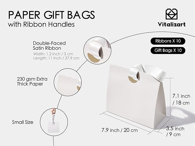 Vitalizart Paper Gift Bags With Ribbon Handles Set of 10 White Bulk Reusable For Gift Wrap Girls Kids Birthday Bridal Shower Party Favors Goodie Bags Candy Toys Christmas 7.87"x3.54"x7.09" Small Size