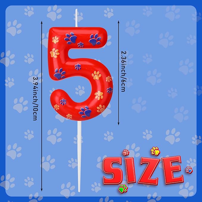 Conelist Number 5 Dog Paw Birthday Candles Dog Toppers Candles Blue Yellow and Red Numeral Birthday Cake Topper for 5 Year Old Boy Girl Paw Party Decoration Party Supplies