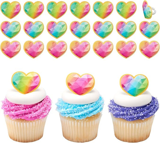 DECOPAC Rainbow Prism Heart Cupcake Rings, Cake Toppers, Multicolored Food Safe Decorations For Parties– 24 Pack