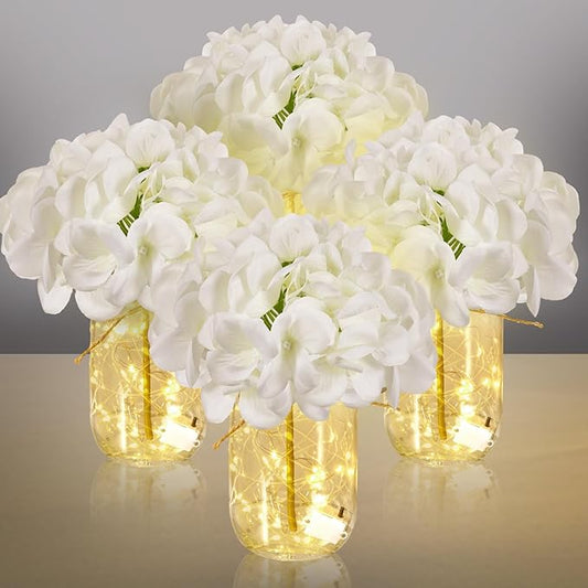4 Sets Mason Jar Centerpiece with LED Lights and White Hydrangea Fake Flowers Vase for Wedding Bridal Shower Party Coffee Table Decor