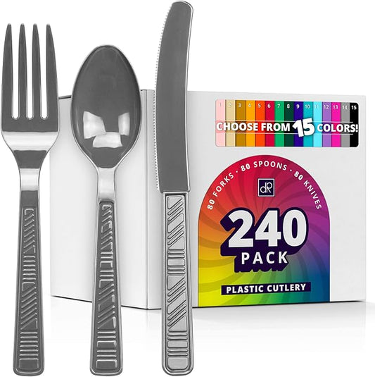DecorRack Plastic Cutlery Set, Silver Colored Plastic Silverware Sets for Parties, 240 Piece Bulk Heavy Duty Utensils (Silver, 240 Pieces)